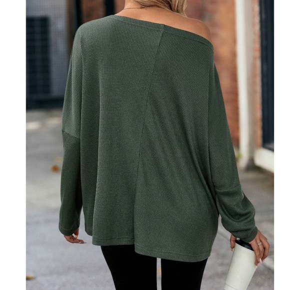Solid Off Shoulder Loose Fit Waffle Long Sleeve Top - Picture 4 of 15